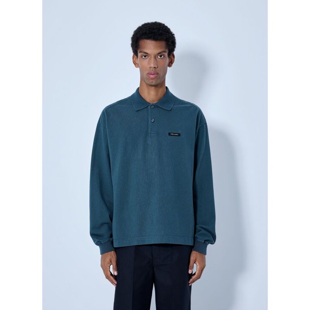 Prada Men Piqué Long Sleeve Polo Shirt